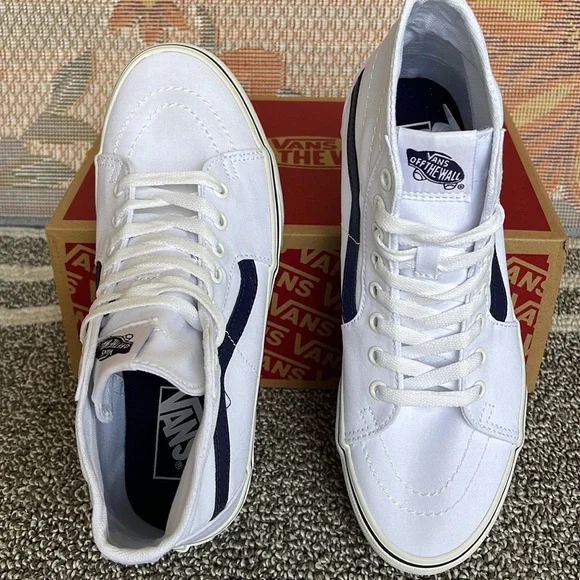 Vans Men’s Sk8-Hi Tapered
Sport Stripes Navy/True White 
VN0A5JMKNWD
Platforms - Picture 10 of 16